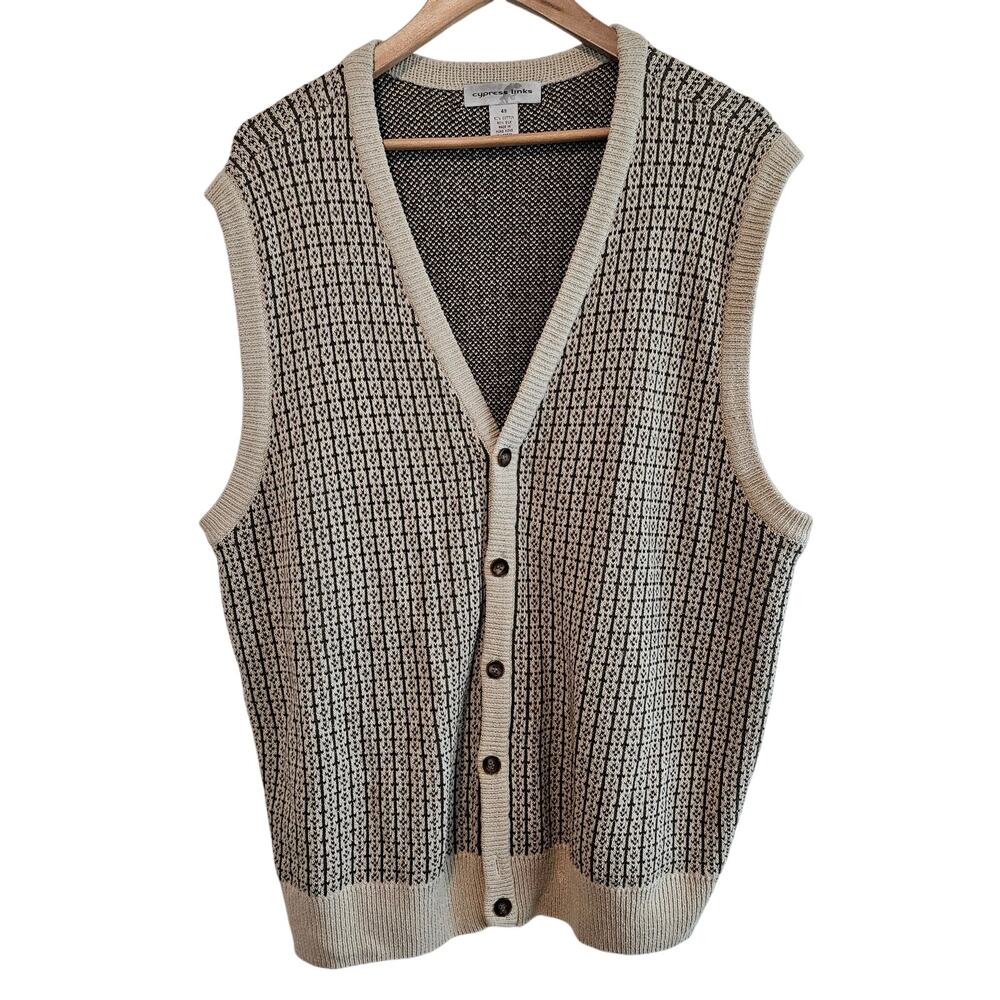 Vintage Cypress Links Silk Sweater Vest Men 2X Tan Geometric 90s Preppy Academia